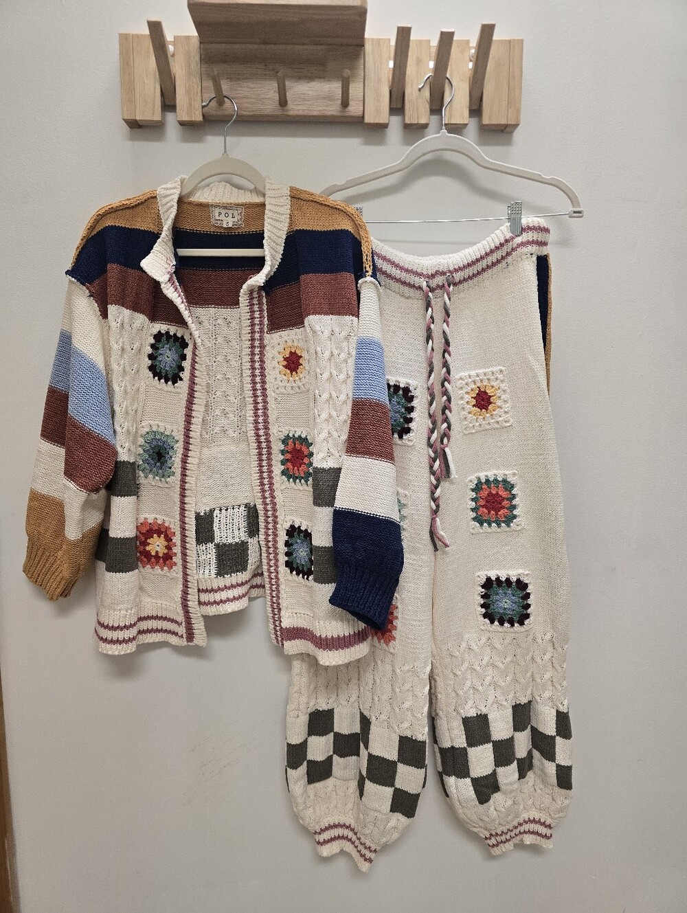 POL Crochet Granny Square Patch Chenille Sweater Cardigan Jogger Coordinated Set